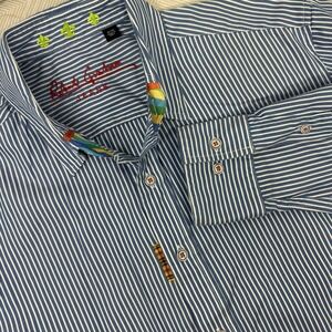 Robert Graham Oxford Mens Medium Blue Stripe Button Up‎ Cotton Patches L/S
